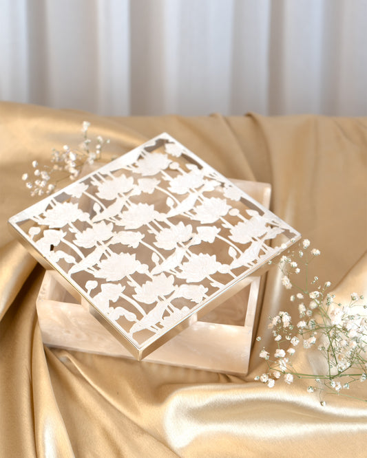 Luxury Silver-Plated Lotus Resin Box – Elegant Home Décor & Gifting Essential