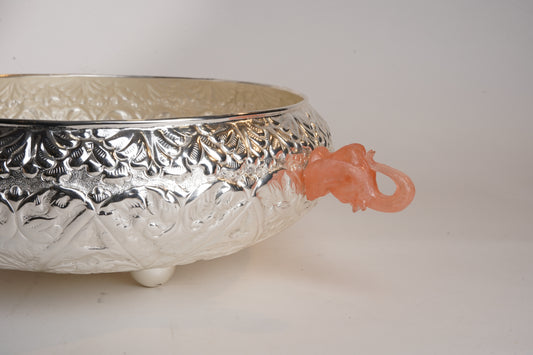 Silver-Plated Resin Elephant Etching Urli – Big Brass Decorative Bowl | Multipurpose Décor & Gifting with Swede Box
