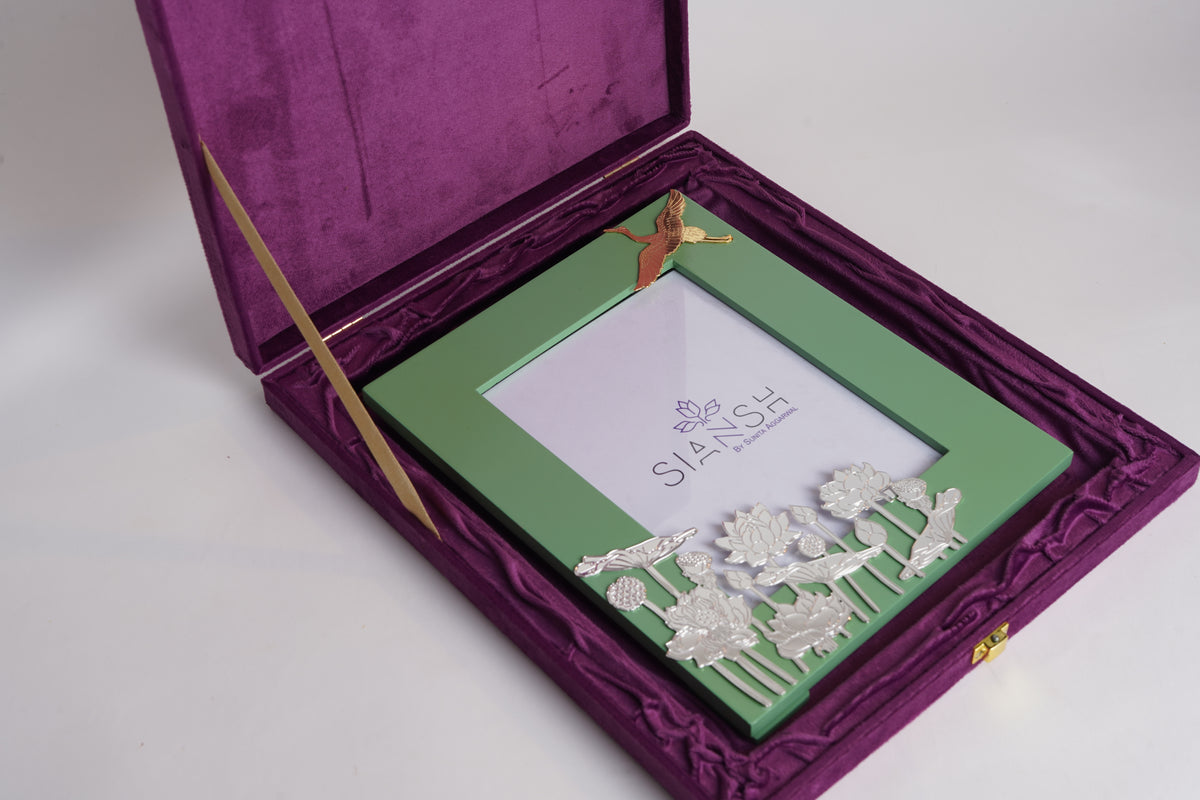 Silver & Gold Etched Bird Photo Frame – 10x9 Decorative Brass Frame with Lotus Motif | Swede Box Packing