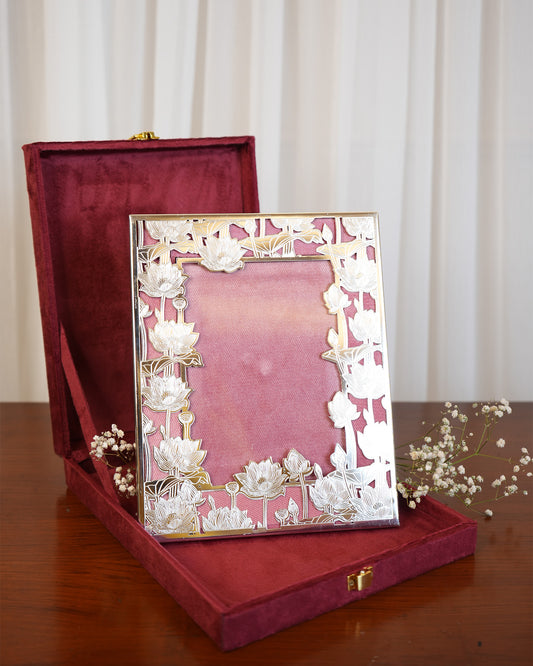 Elegant Silver-Plated Photo Frame with Intricate Lotus Design – Ideal for Weddings, Anniversaries & Corporate Gifting