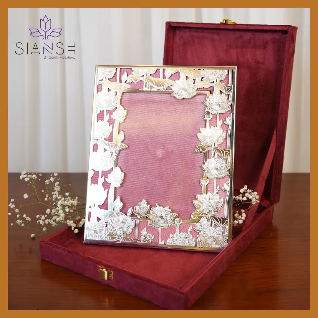 Elegant Silver-Plated Photo Frame with Intricate Lotus Design – Ideal for Weddings, Anniversaries & Corporate Gifting