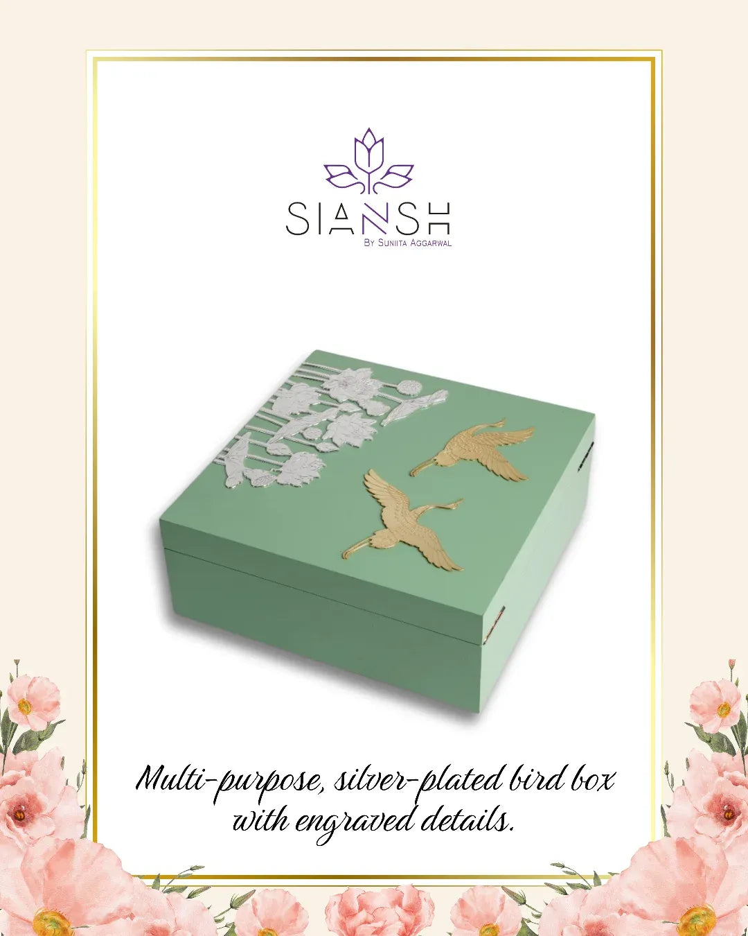 Silver Plated Bird Box with Gold & Silver Etching | 8x8 Multi-Purpose Decorative Box