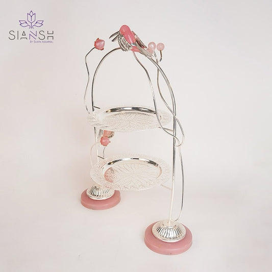 Toucan Bird 2-Tier Silver Plated Lotus Platter | Elegant Brass Stand for Serving & Décor by Siansh