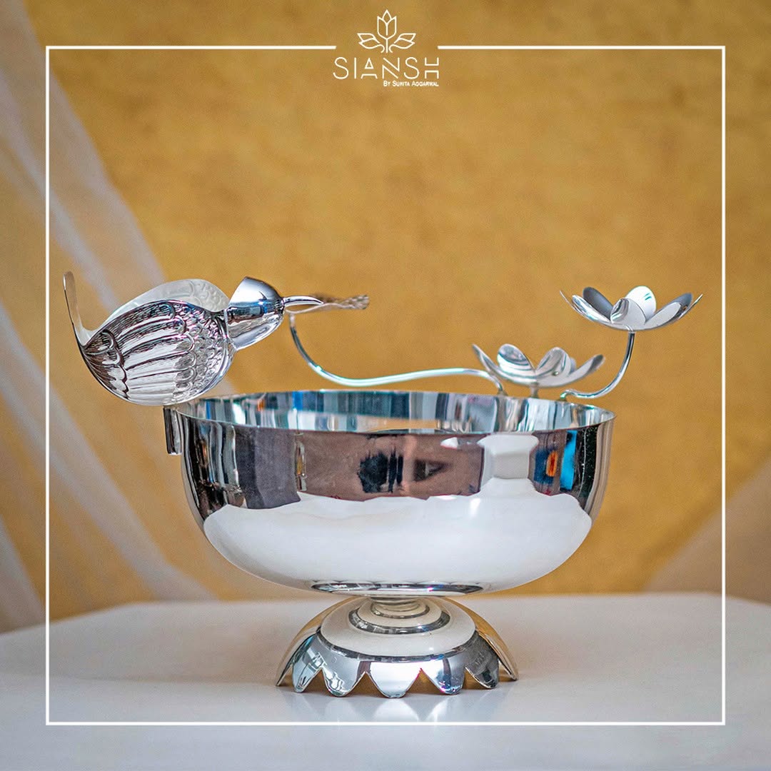Bird & Flower Silver Plated Round Urli Bowl | Elegant Decor by Siansh