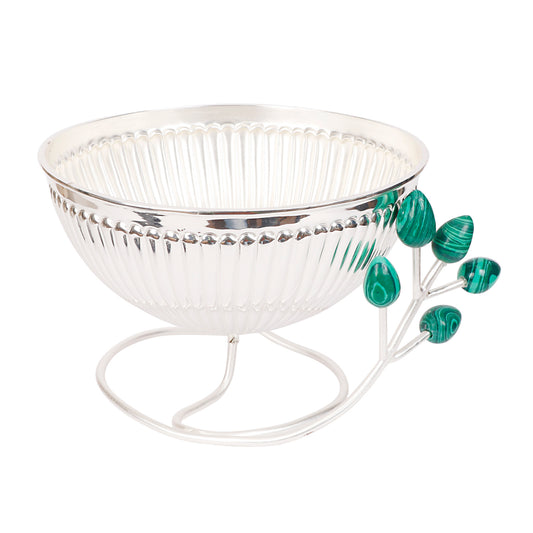 Silver Plated Round Ribbed Wire Bowl with Green Resin Buds | Multipurpose Luxury Bowl by Siansh