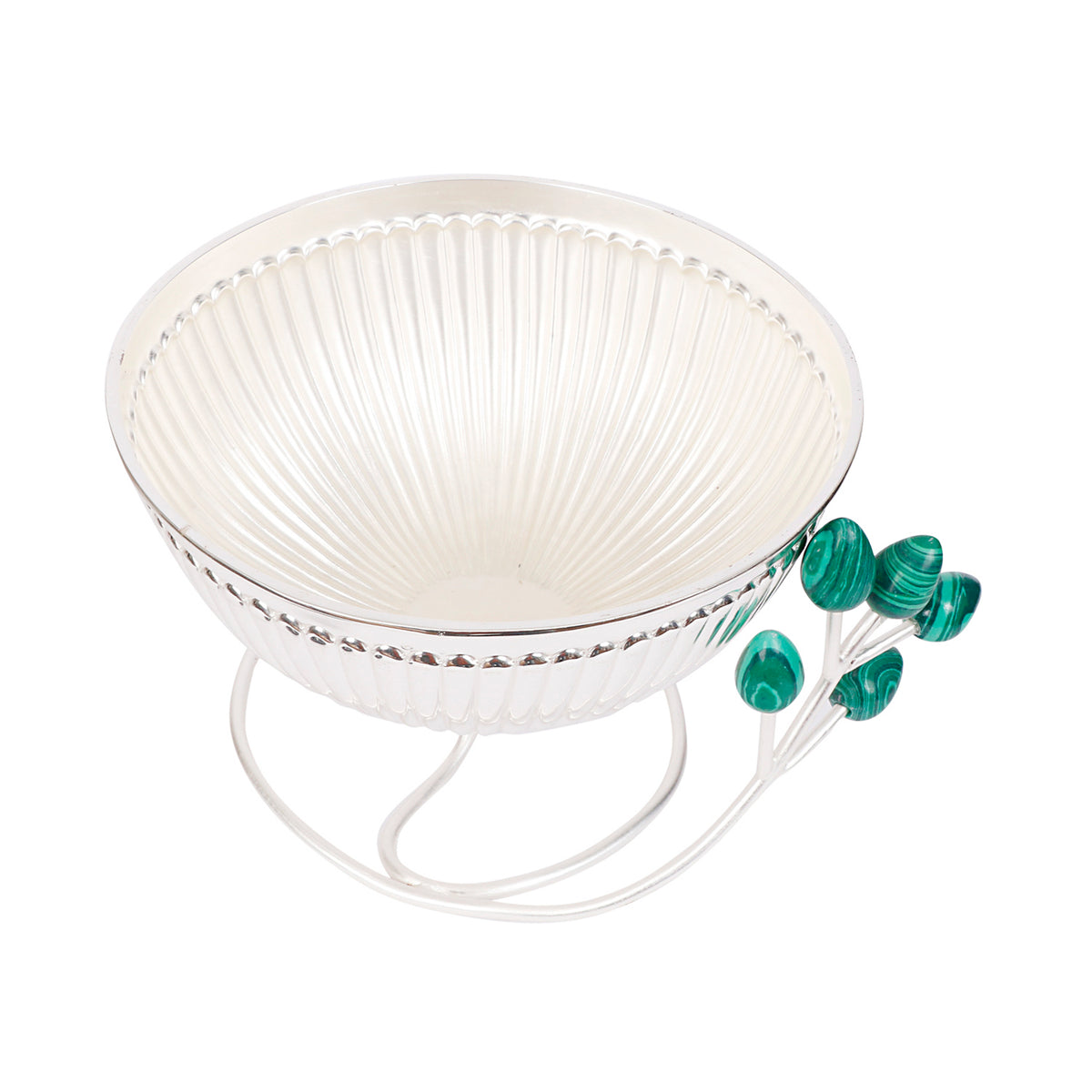 Silver Plated Round Ribbed Wire Bowl with Green Resin Buds | Multipurpose Luxury Bowl by Siansh
