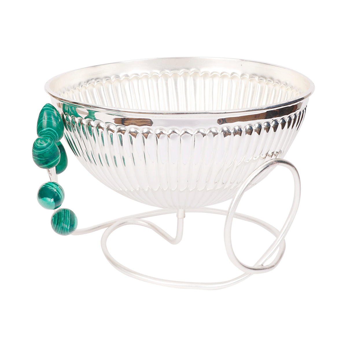 Silver Plated Round Ribbed Wire Bowl with Green Resin Buds | Multipurpose Luxury Bowl by Siansh