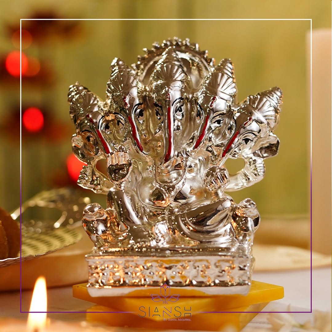 Silver-Plated Panchmukhi Ganesha Idol – Divine Resin Figurine for Décor, Worship & Gifting | Swede Box Included