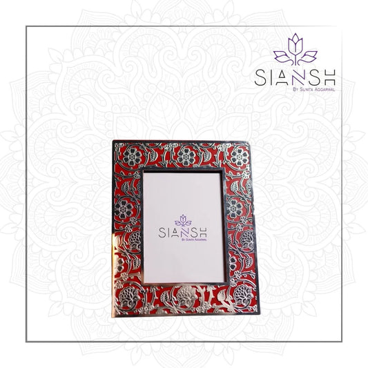 Silver Plated Leaf Jali Photo Frame | Intricate Red Etching Design by Siansh