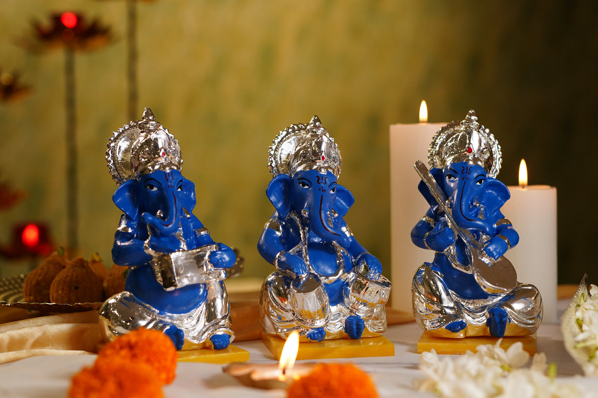Silver-Plated Musical Ganesha Idol Set – Resin Figurines with Instruments | Ideal for Décor & Auspicious Gifting