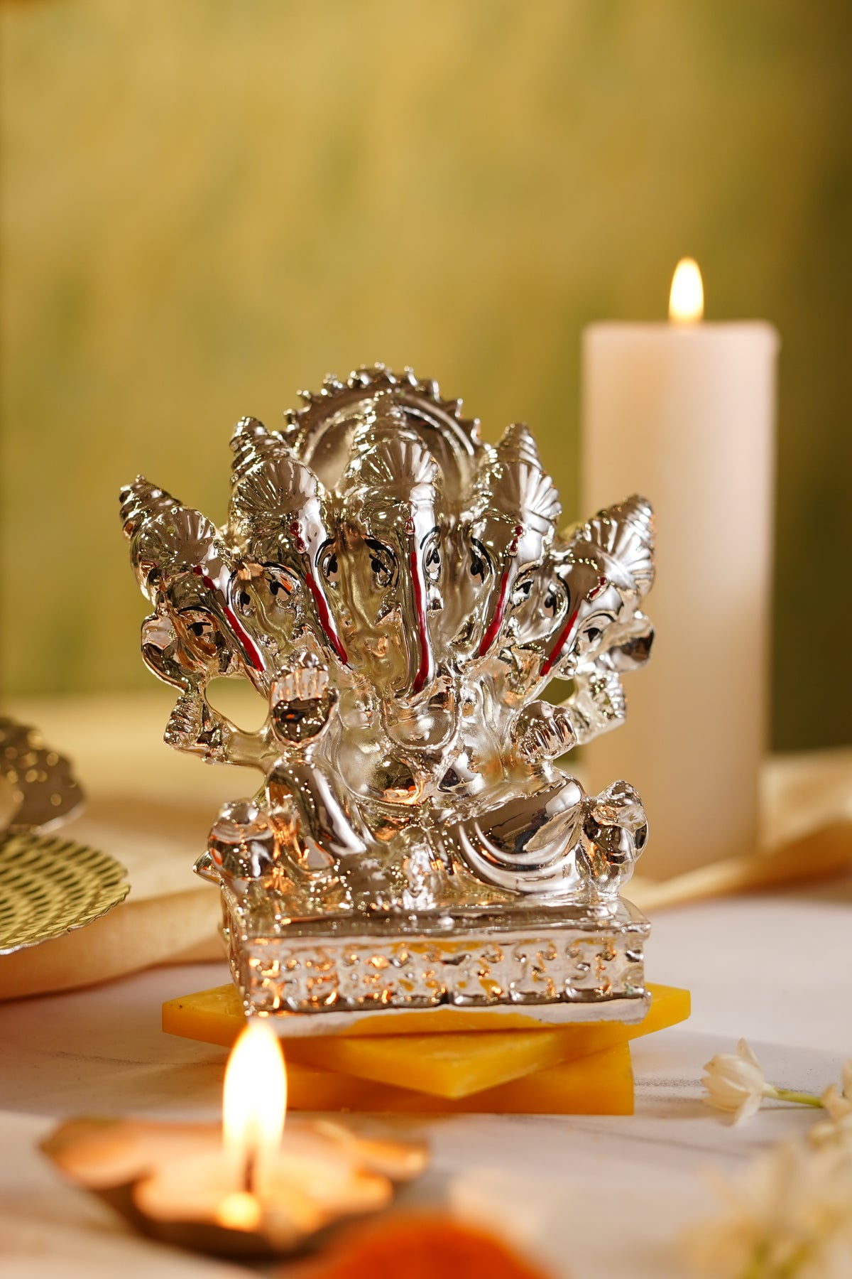 Silver-Plated Panchmukhi Ganesha Idol – Divine Resin Figurine for Décor, Worship & Gifting | Swede Box Included