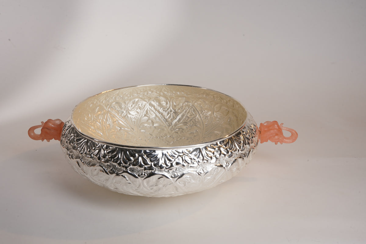 Silver-Plated Resin Elephant Etching Urli – Big Brass Decorative Bowl | Multipurpose Décor & Gifting with Swede Box