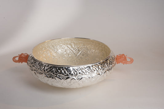 Silver-Plated Resin Elephant Etching Urli – Big Brass Decorative Bowl | Multipurpose Décor & Gifting with Swede Box