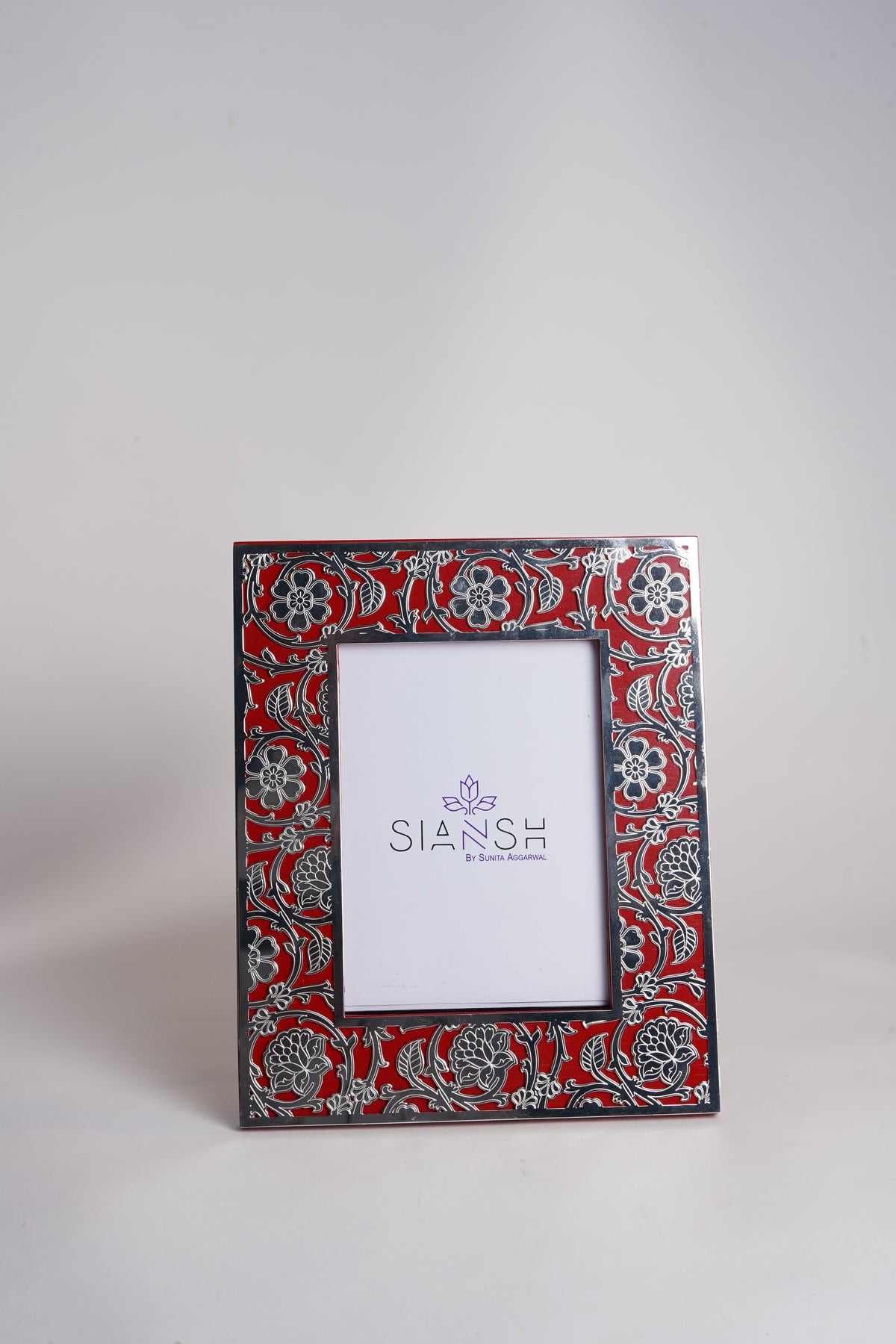 Silver Plated Leaf Jali Photo Frame | Intricate Red Etching Design by Siansh