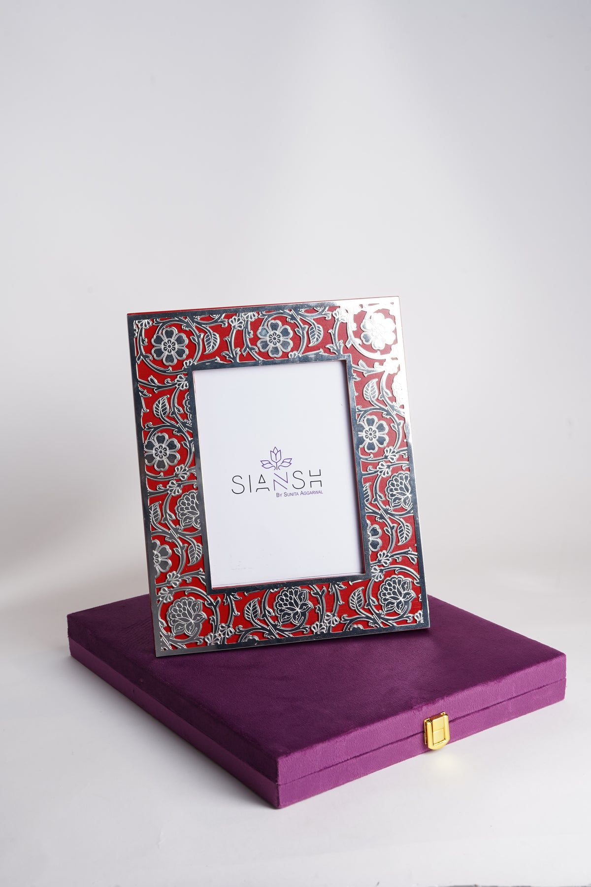 Silver Plated Leaf Jali Photo Frame | Intricate Red Etching Design by Siansh