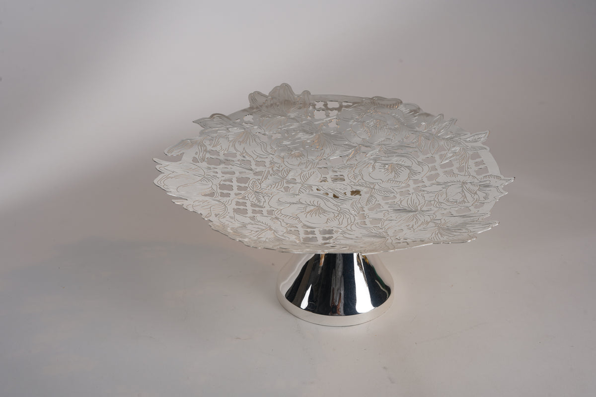 Intricate Silver-Plated Nakshi Platter with Green Base – Multipurpose Brass Plate for Gifting & Festive Serving