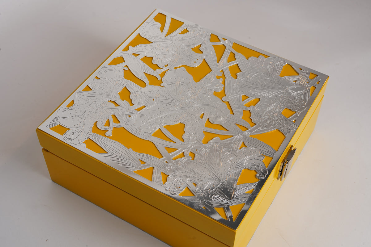 Premium Yellow Silver-Plated Brass Box – 8x8 Multipurpose Gifting Box with Decorative Lid | Swede Utility Packing