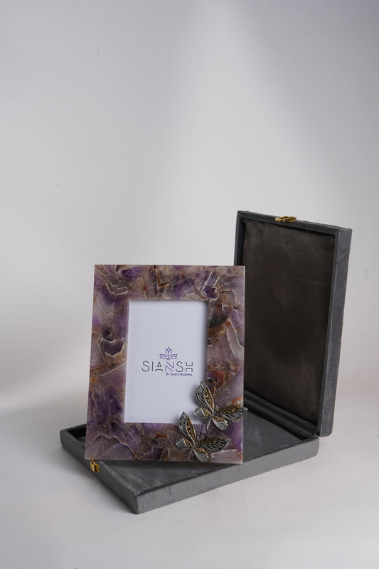 Amethyst Stone Photo Frame with Silver Butterfly | Luxury Décor by Siansh