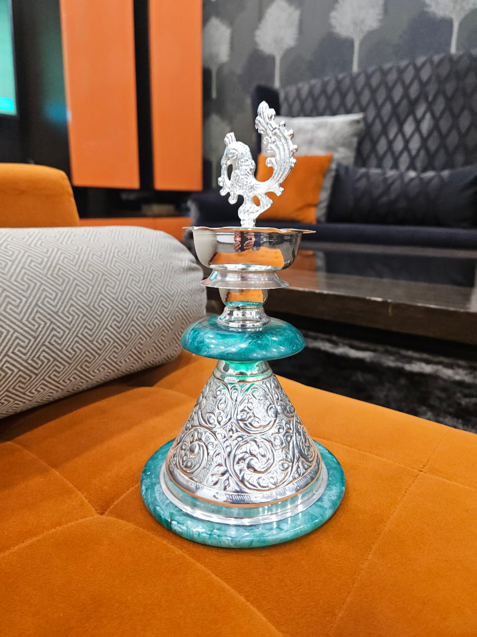 Regal Silver-Plated Samai with Peacock Motif – Handcrafted Elegance for Décor & Gifting